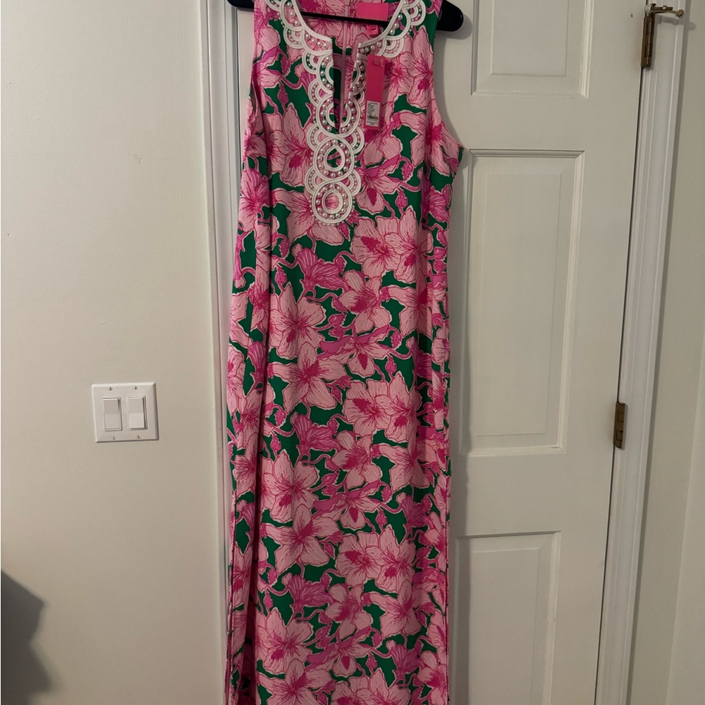 Nwt Lilly Pulitzer Pink and Green Floral Maxi Dress with pearl embellishment